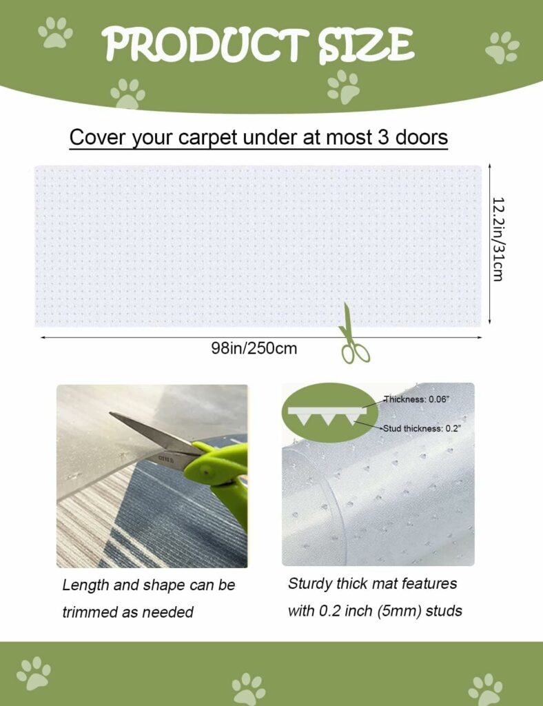 Mooydee 8.2Ft Cat Carpet Protector Plastic Vinyl Pet Scratch Stopper for Carpet, Easy to Cut Clear Non Slip Under Door Carpet Protector Prevent Carpets Rugs from Scratching Tearing Wearing at Doorway